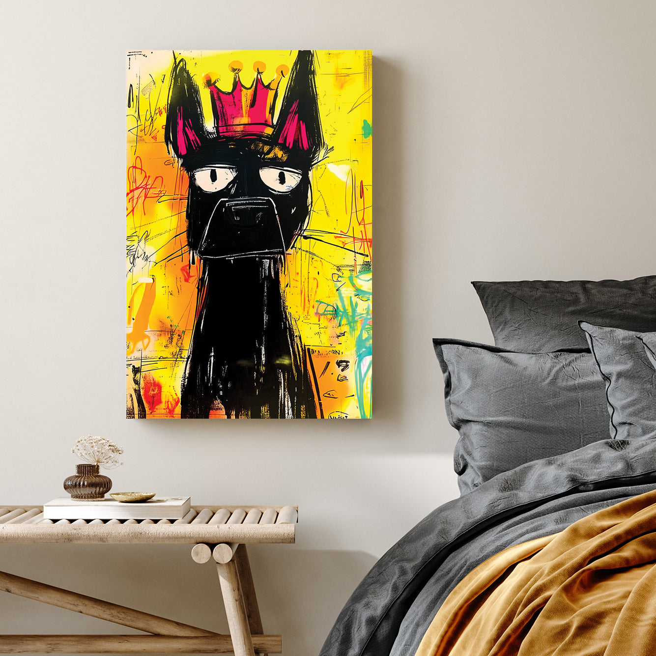 graffiti dog wearing crown wall art with yellow background