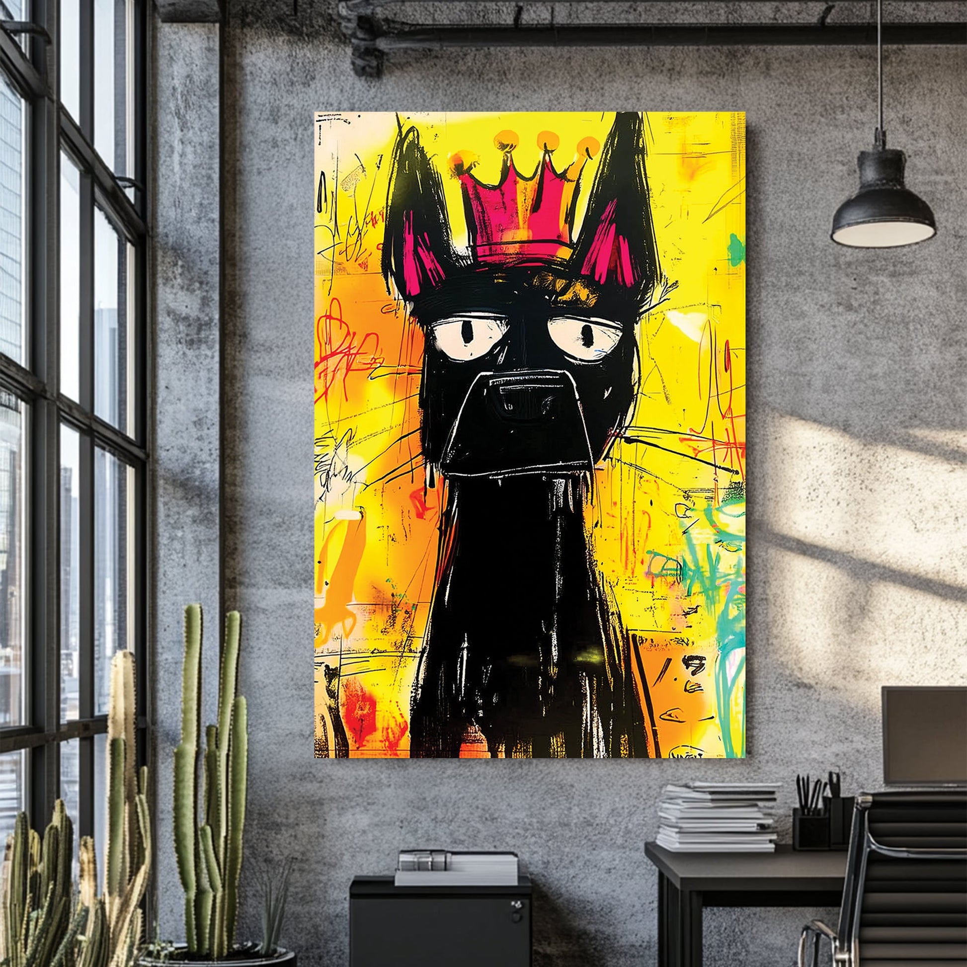 graffiti dog wearing crown wall art with yellow background