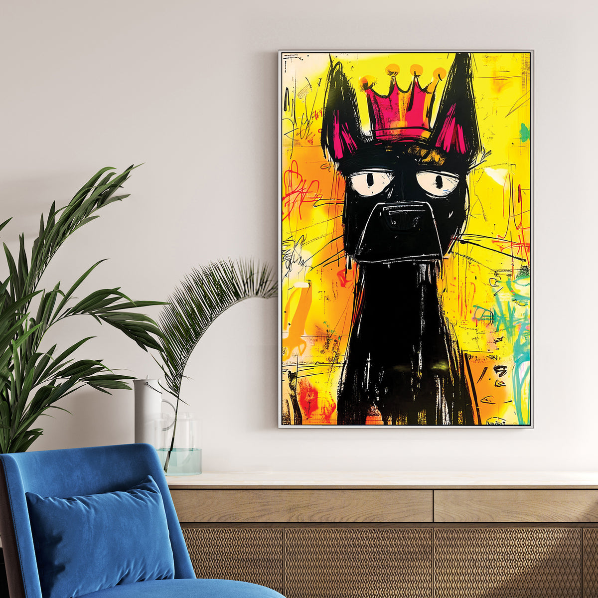 graffiti dog wearing crown wall art with yellow background