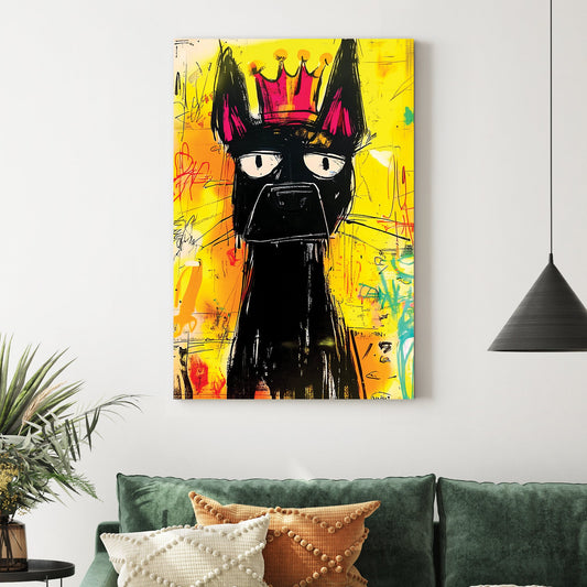 graffiti dog wearing crown wall art with yellow background