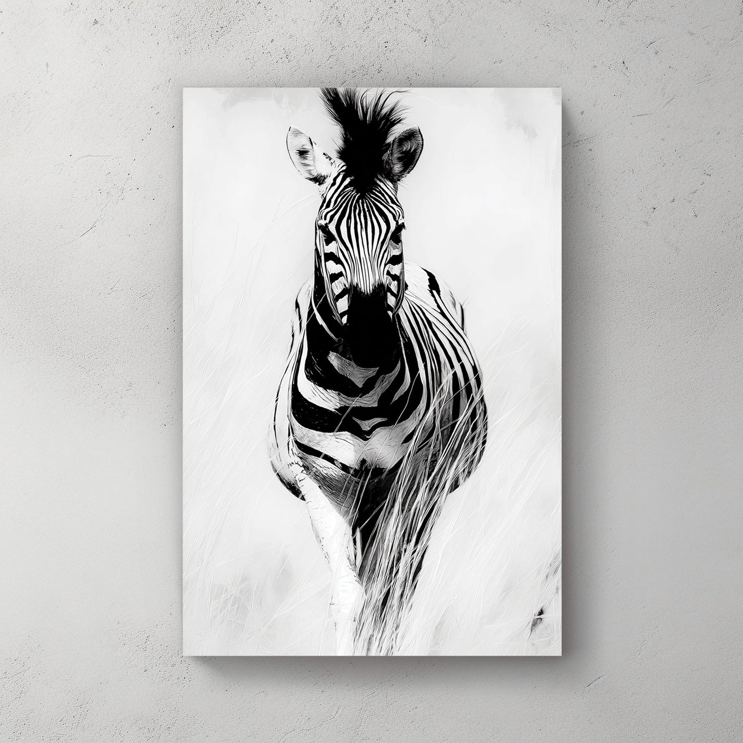 black and white zebra wall art with bold contrast and soft background