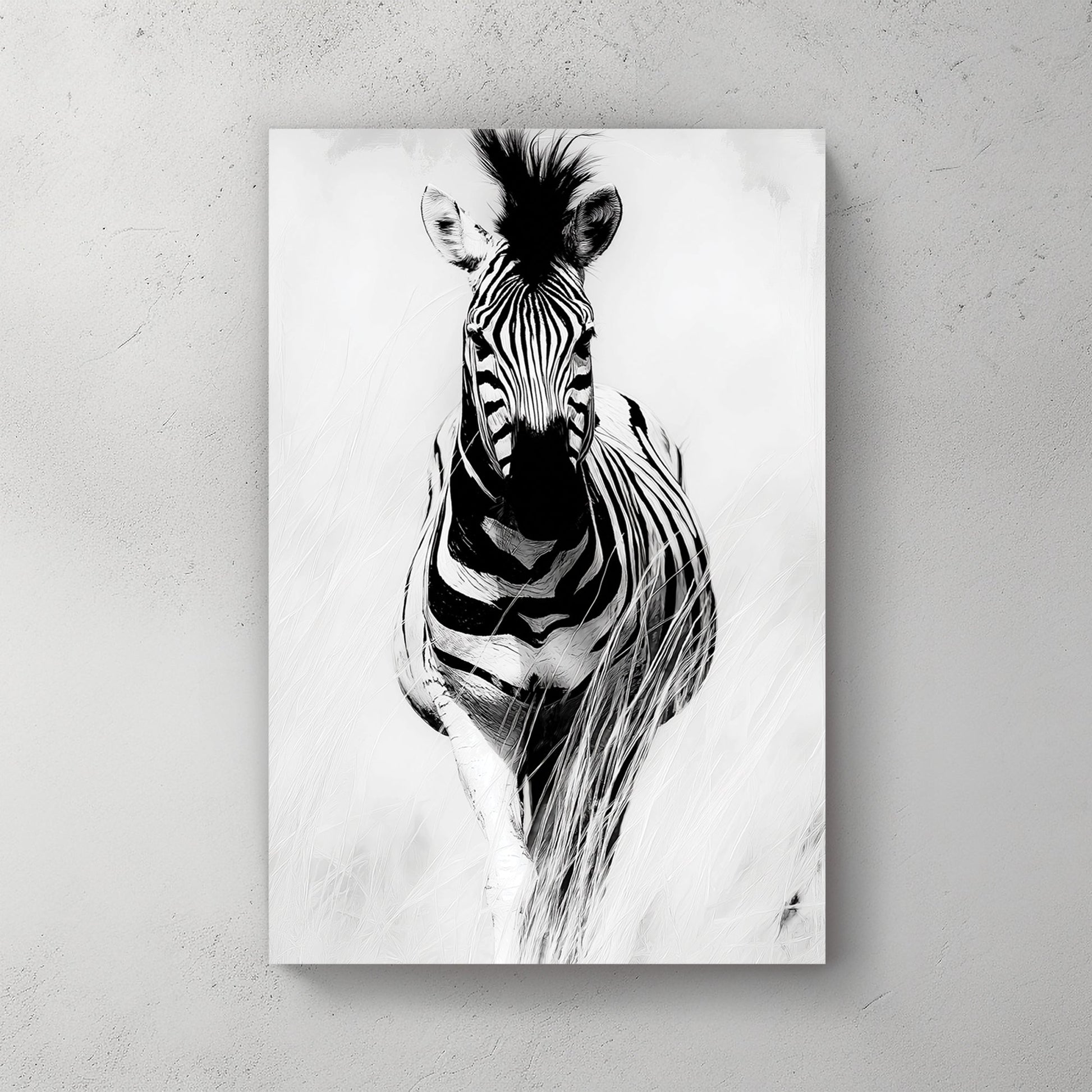 black and white zebra wall art with bold contrast and soft background