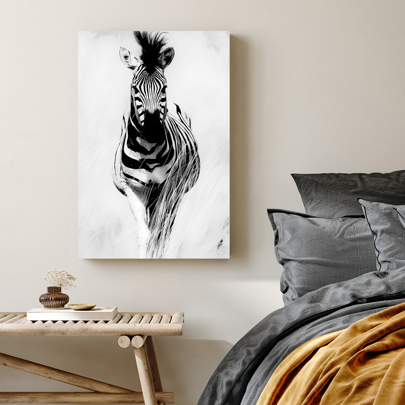 black and white zebra wall art with bold contrast and soft background
