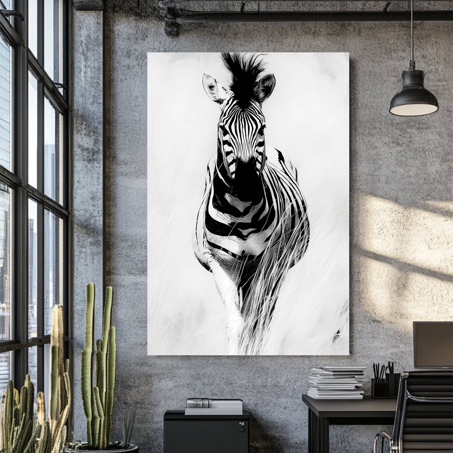 black and white zebra wall art with bold contrast and soft background