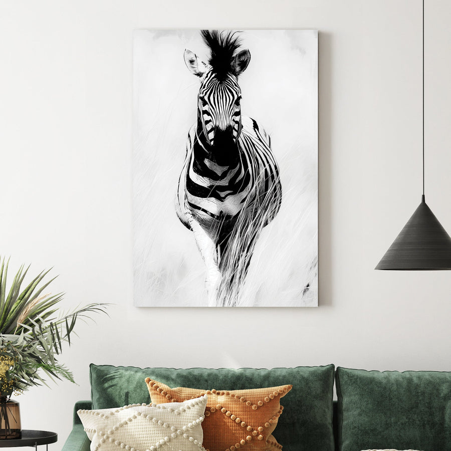 black and white zebra wall art with bold contrast and soft background