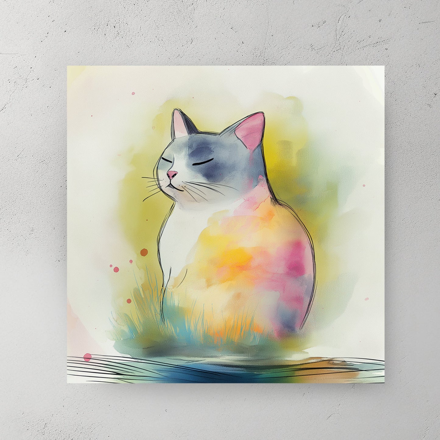 watercolour wall art of a calm cat with pastel tones