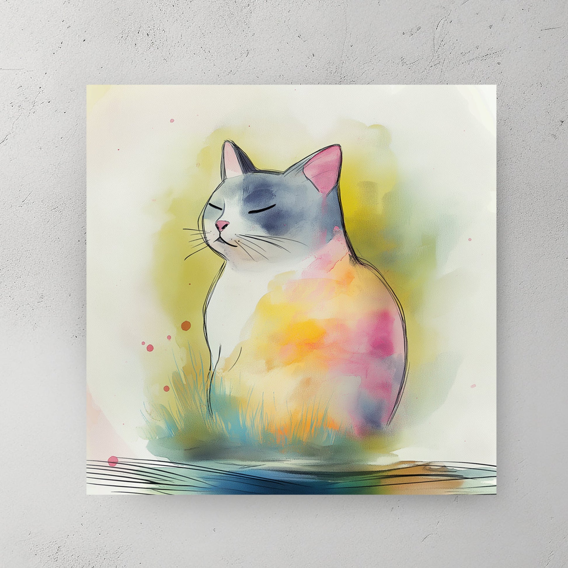 watercolour wall art of a calm cat with pastel tones