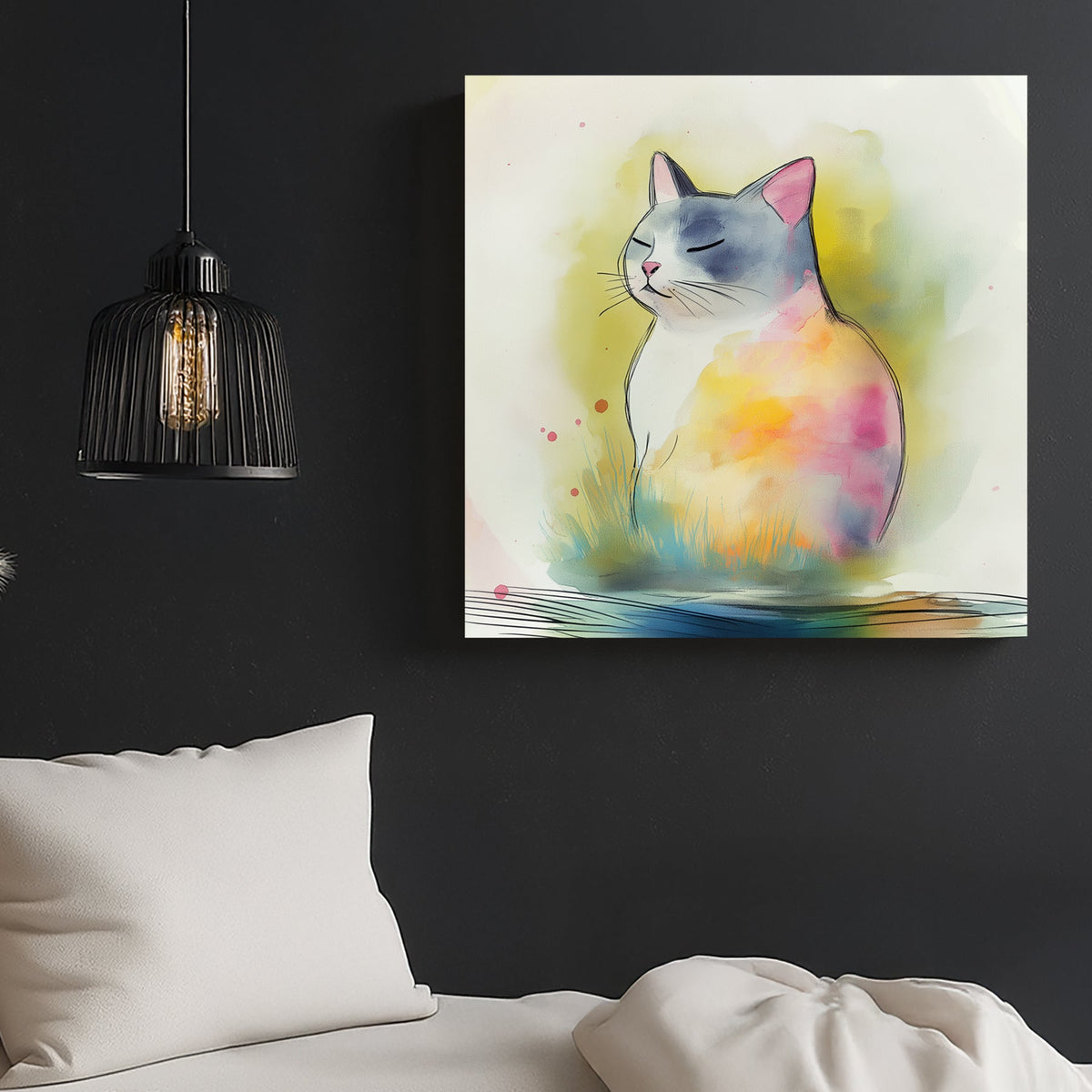 watercolour wall art of a calm cat with pastel tones