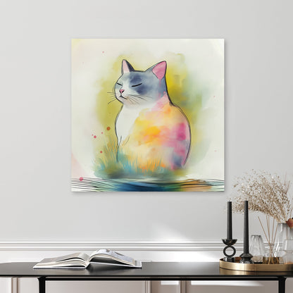 watercolour wall art of a calm cat with pastel tones