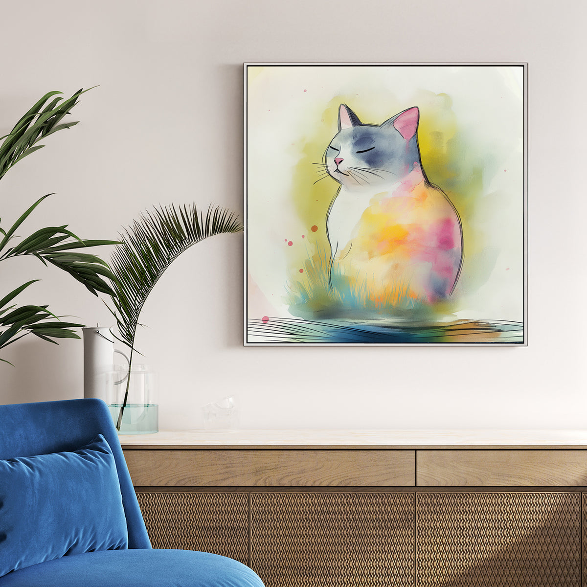 watercolour wall art of a calm cat with pastel tones