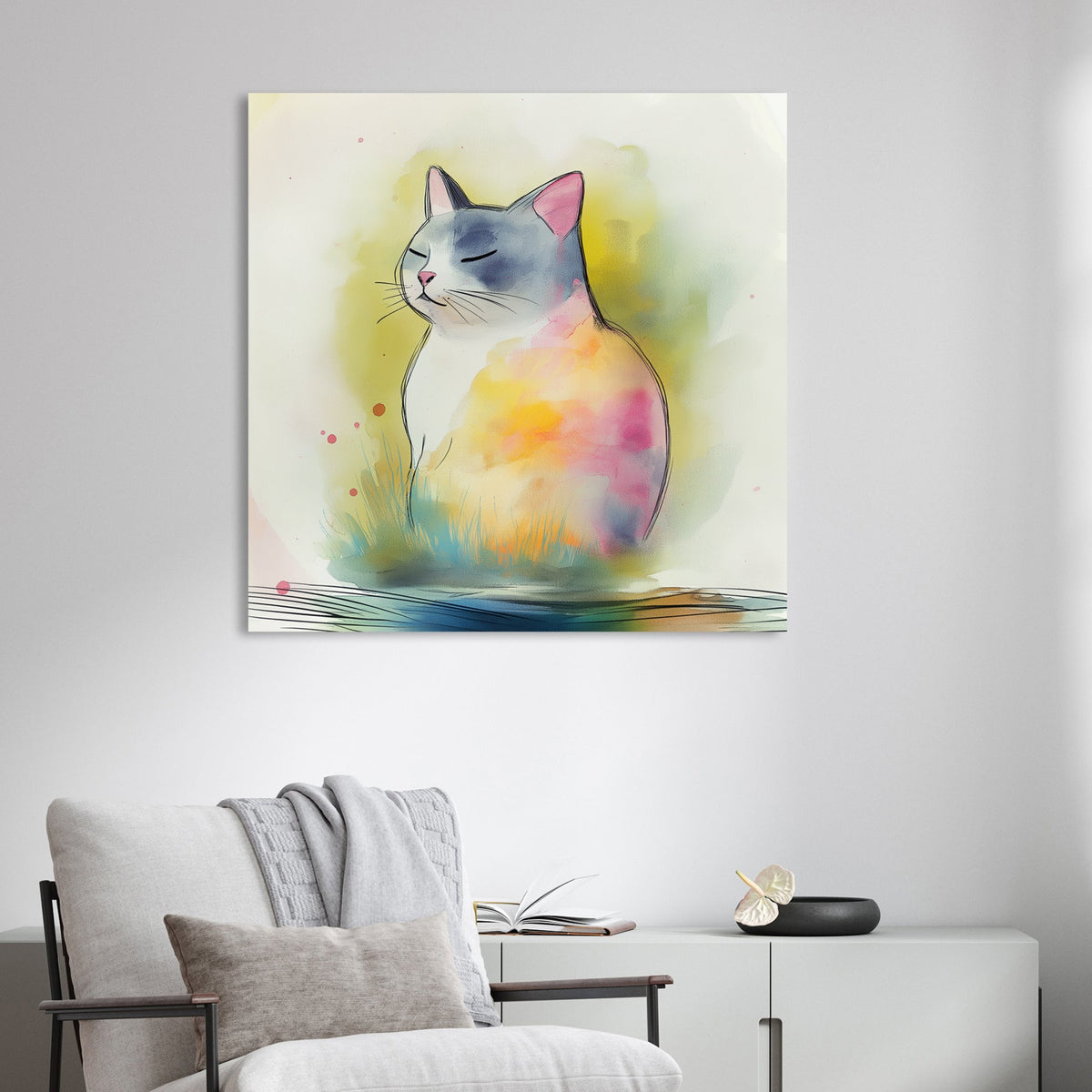watercolour wall art of a calm cat with pastel tones