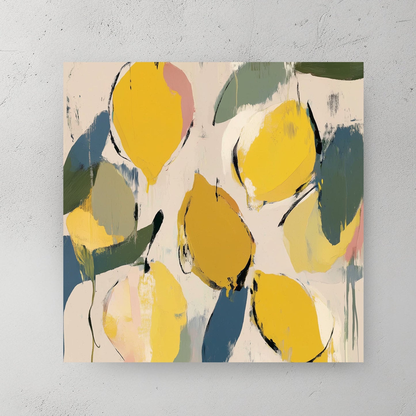 abstract lemon and leaf wall art in yellow and green tones
