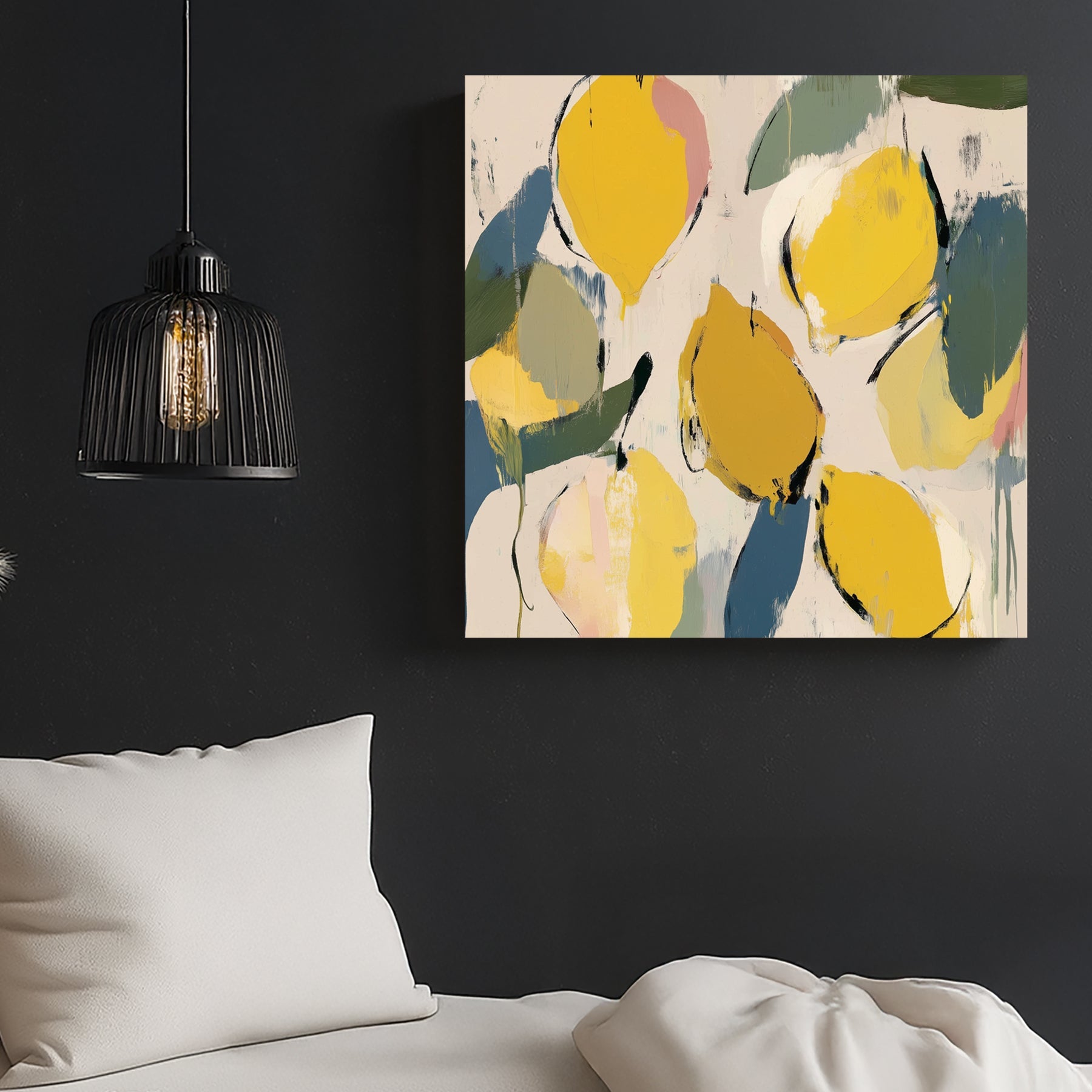 abstract lemon and leaf wall art in yellow and green tones