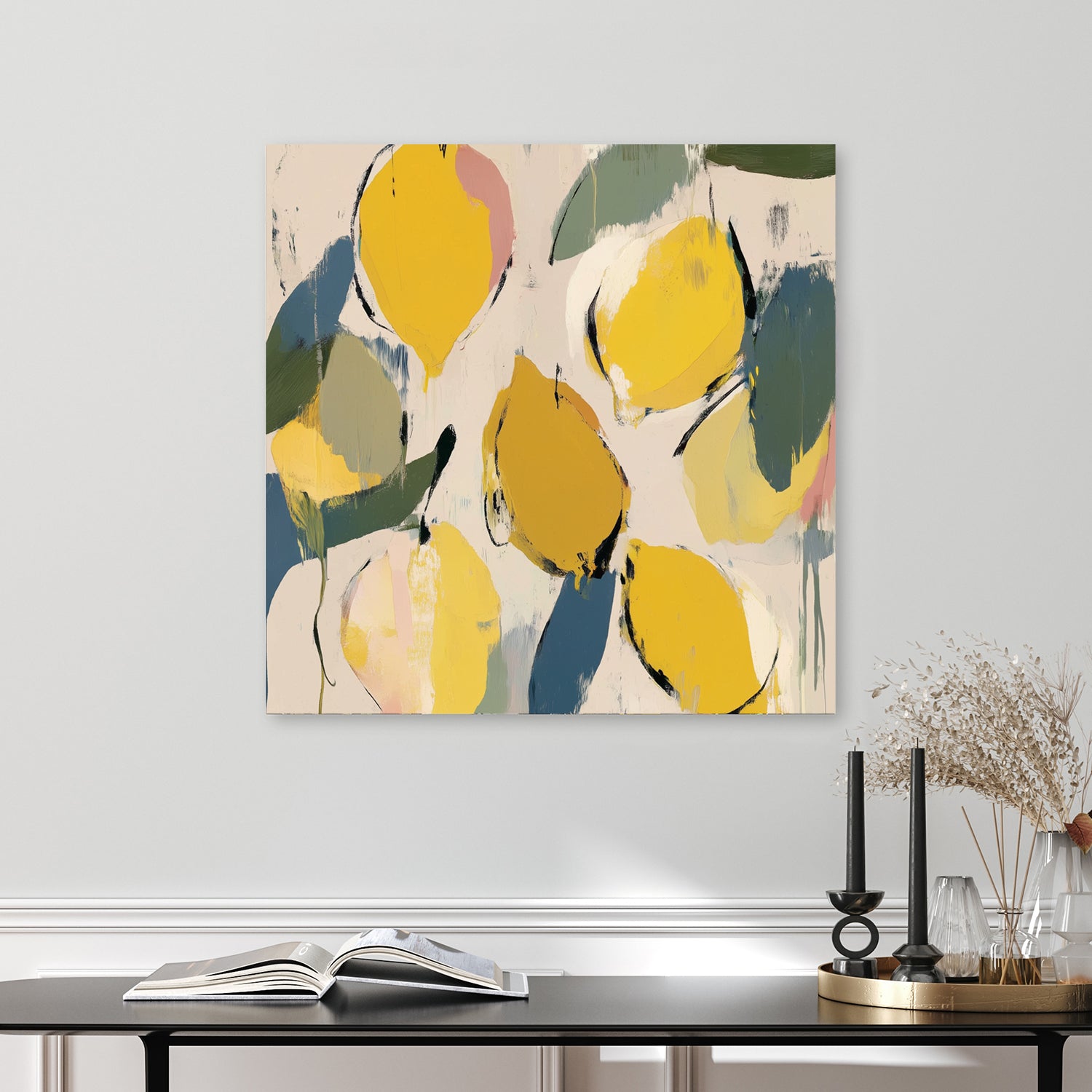 abstract lemon and leaf wall art in yellow and green tones