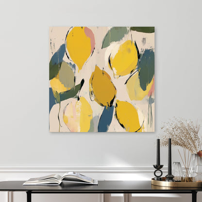 abstract lemon and leaf wall art in yellow and green tones