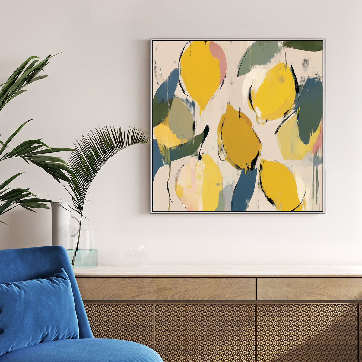 abstract lemon and leaf wall art in yellow and green tones