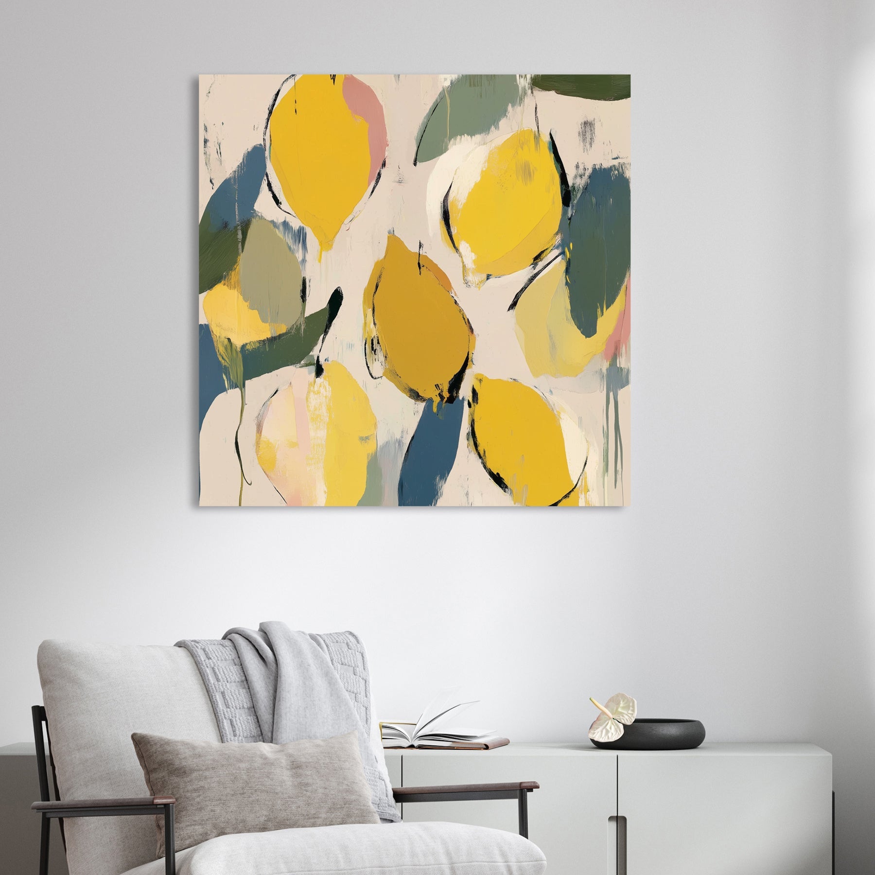abstract lemon and leaf wall art in yellow and green tones