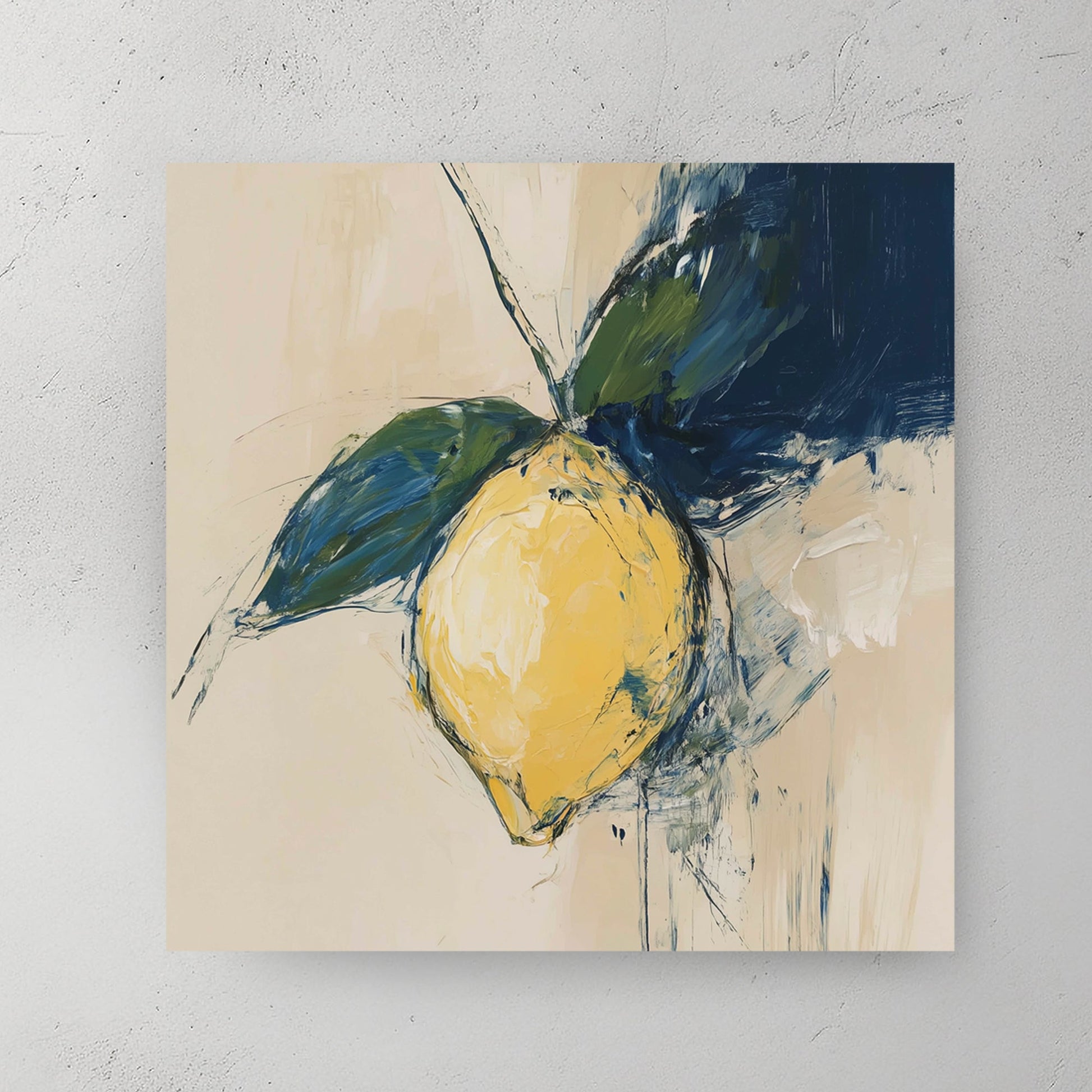 abstract lemon wall art with navy and green leaves on beige background