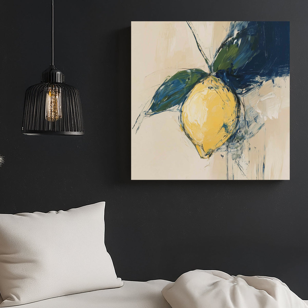 abstract lemon wall art with navy and green leaves on beige background