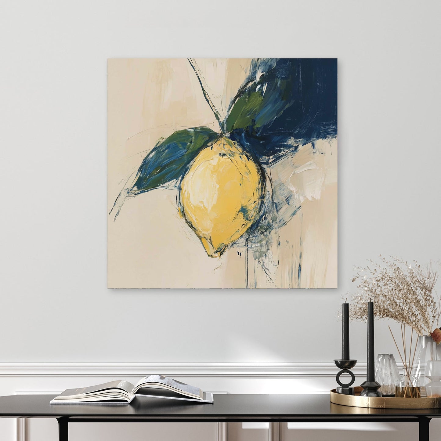 abstract lemon wall art with navy and green leaves on beige background