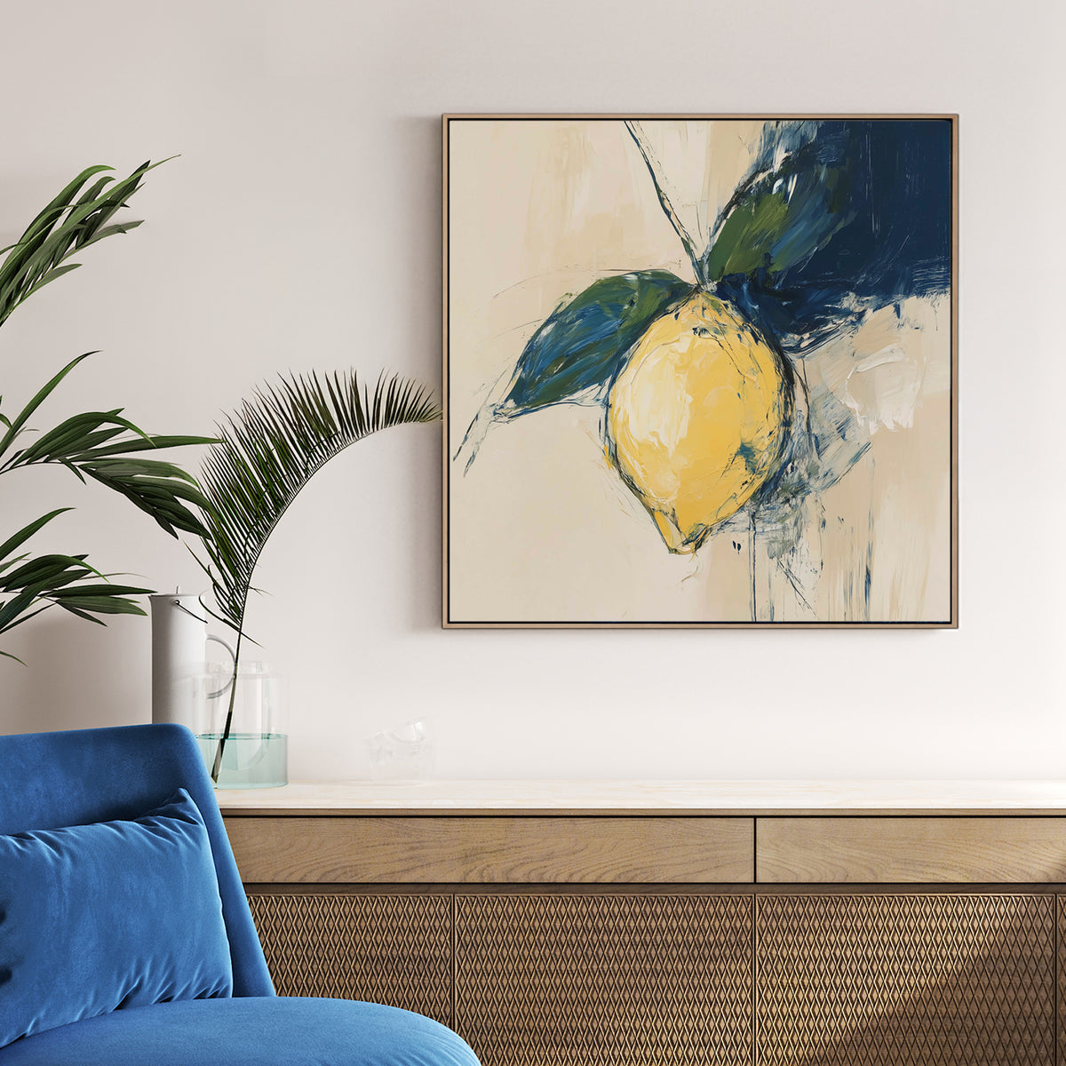 abstract lemon wall art with navy and green leaves on beige background