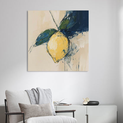 abstract lemon wall art with navy and green leaves on beige background