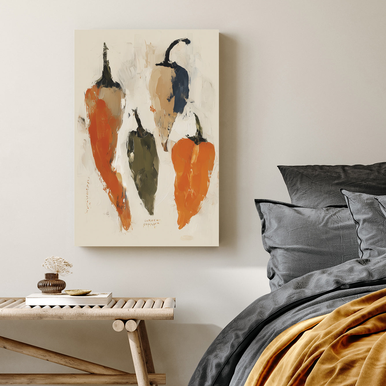 abstract painted pepper wall art in warm rustic tones