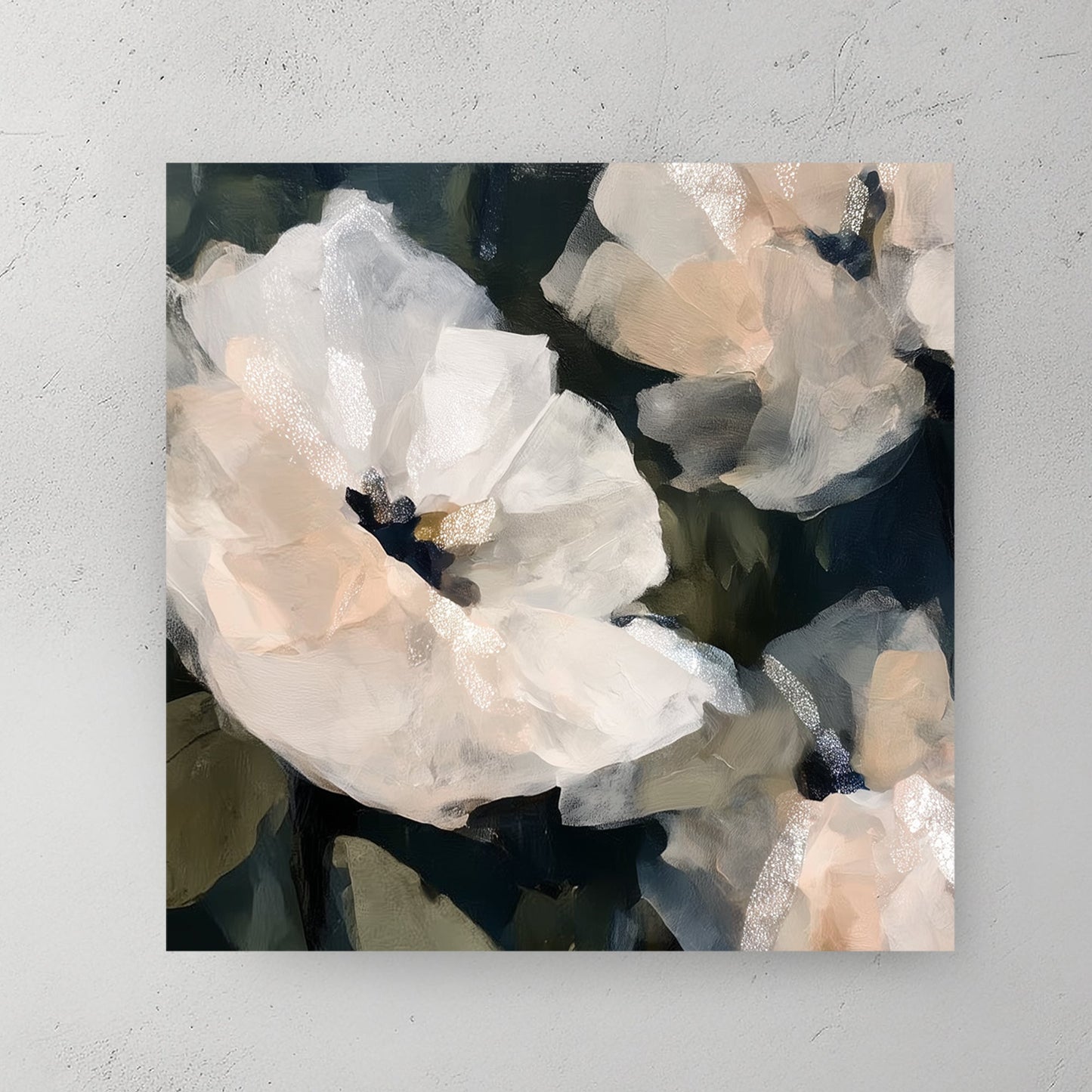 soft white floral wall art with blush accents on dark green background