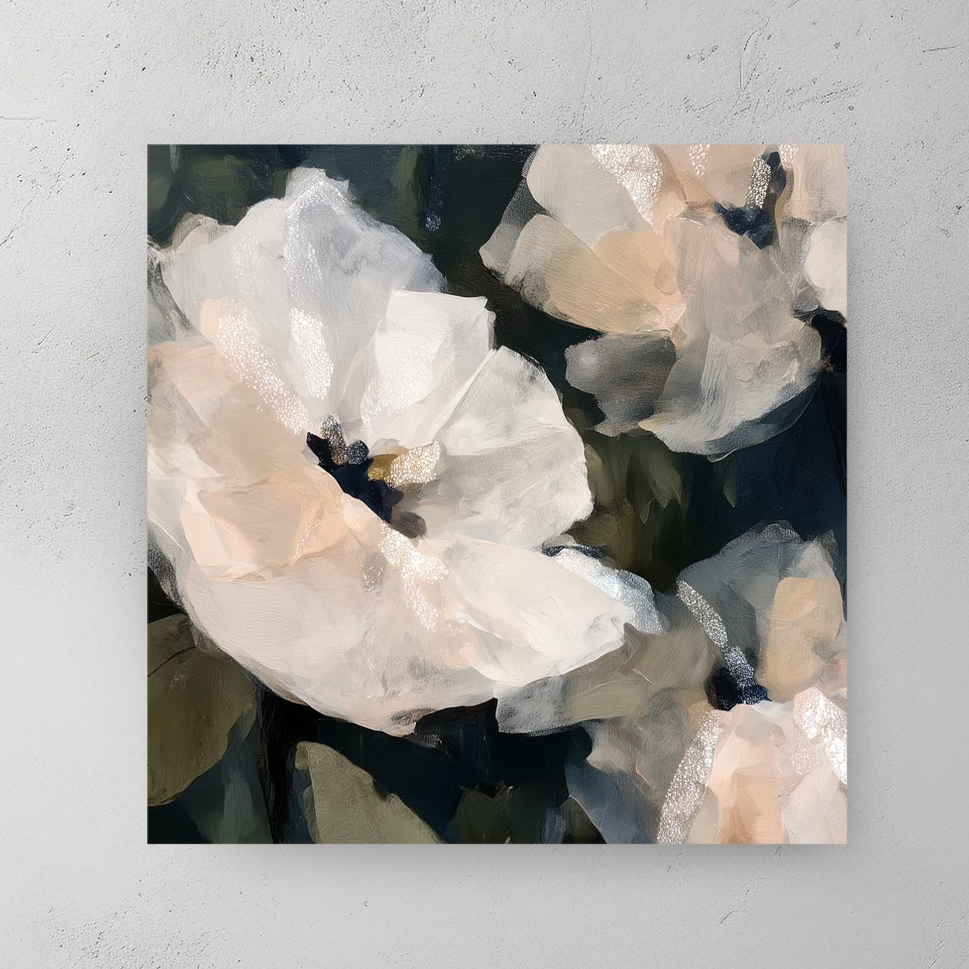 soft white floral wall art with blush accents on dark green background