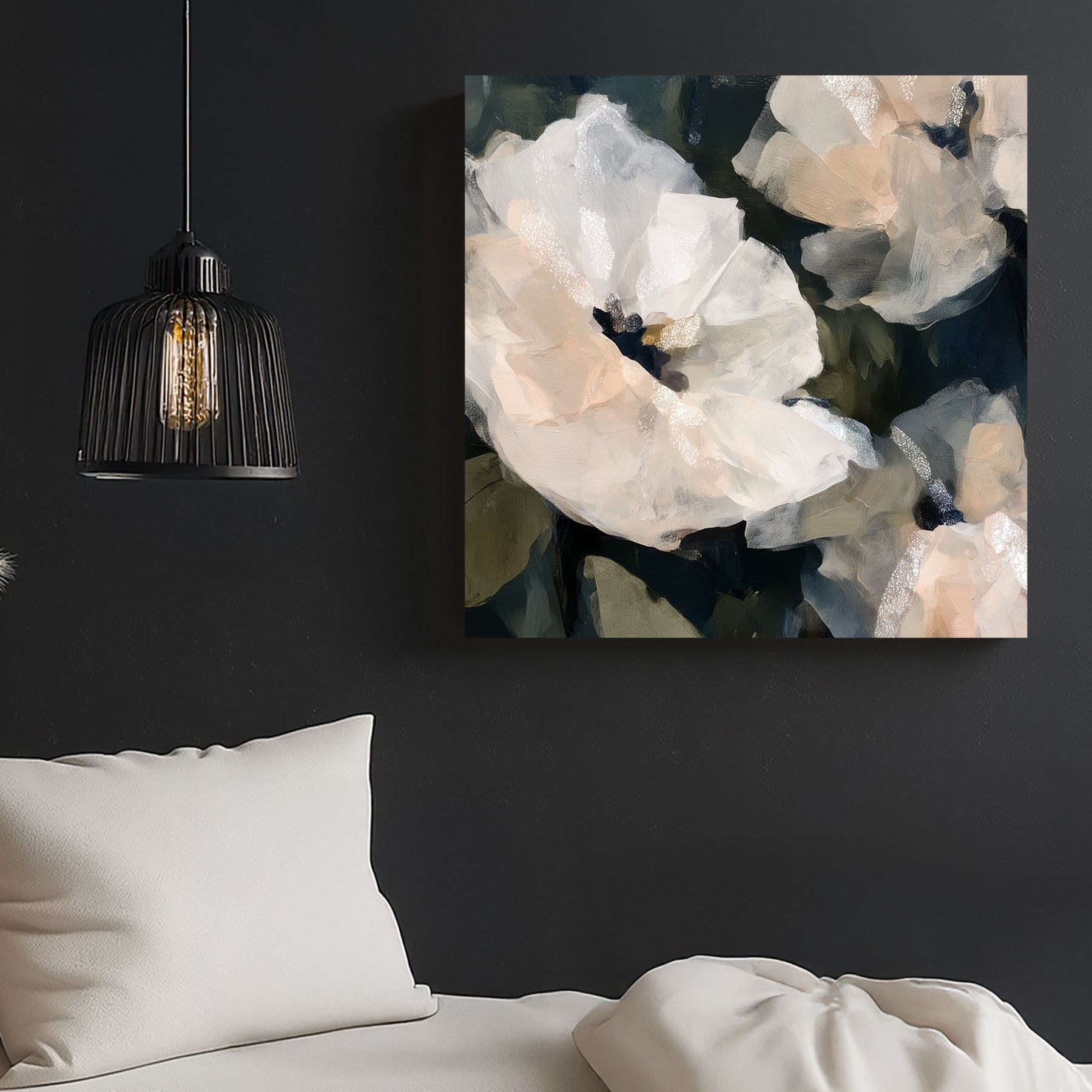 soft white floral wall art with blush accents on dark green background