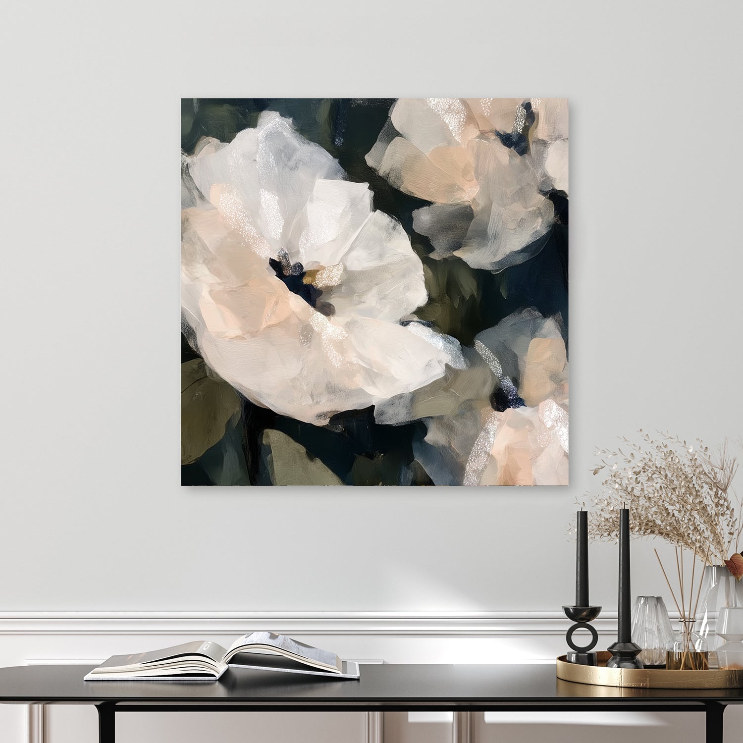 soft white floral wall art with blush accents on dark green background