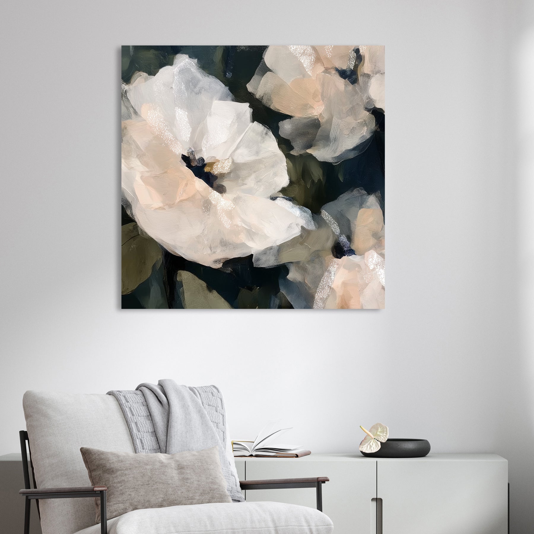 soft white floral wall art with blush accents on dark green background