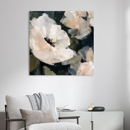 soft white floral wall art with blush accents on dark green background
