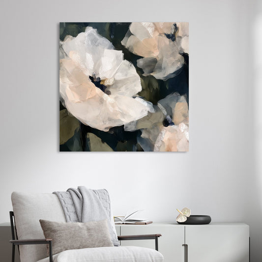 soft white floral wall art with blush accents on dark green background