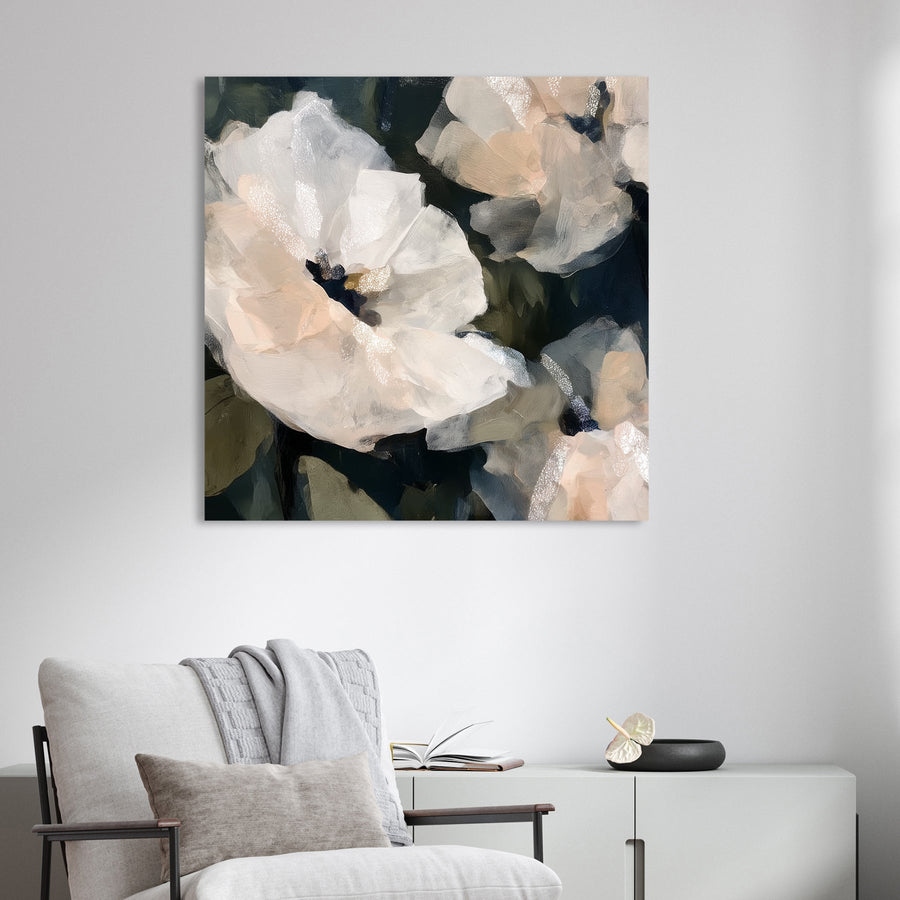 soft white floral wall art with blush accents on dark green background