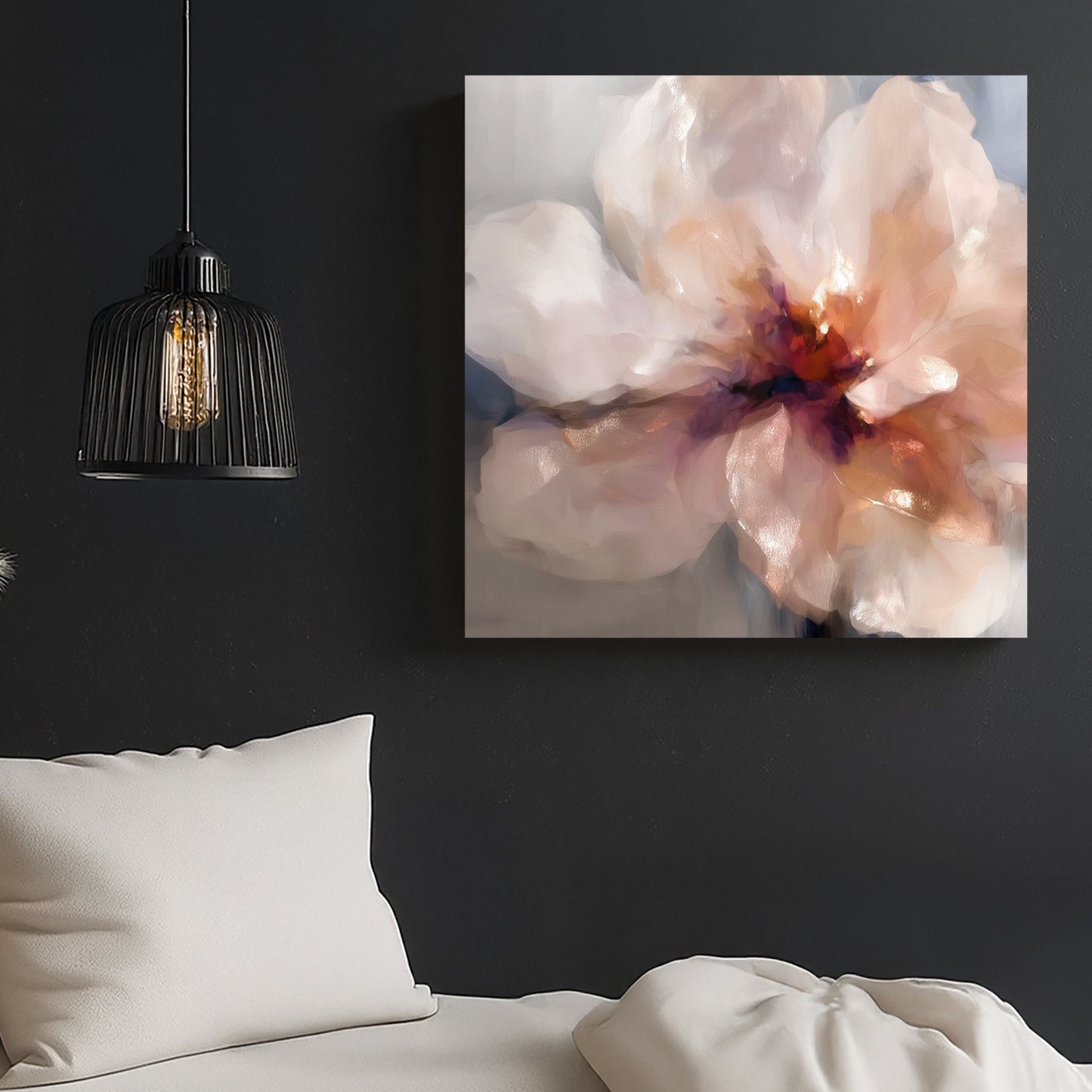 romantic flower wall art with soft blush petals and glowing red centre