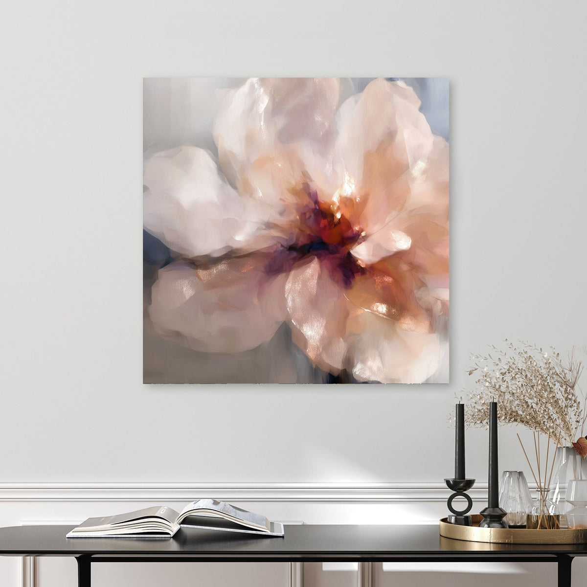 romantic flower wall art with soft blush petals and glowing red centre