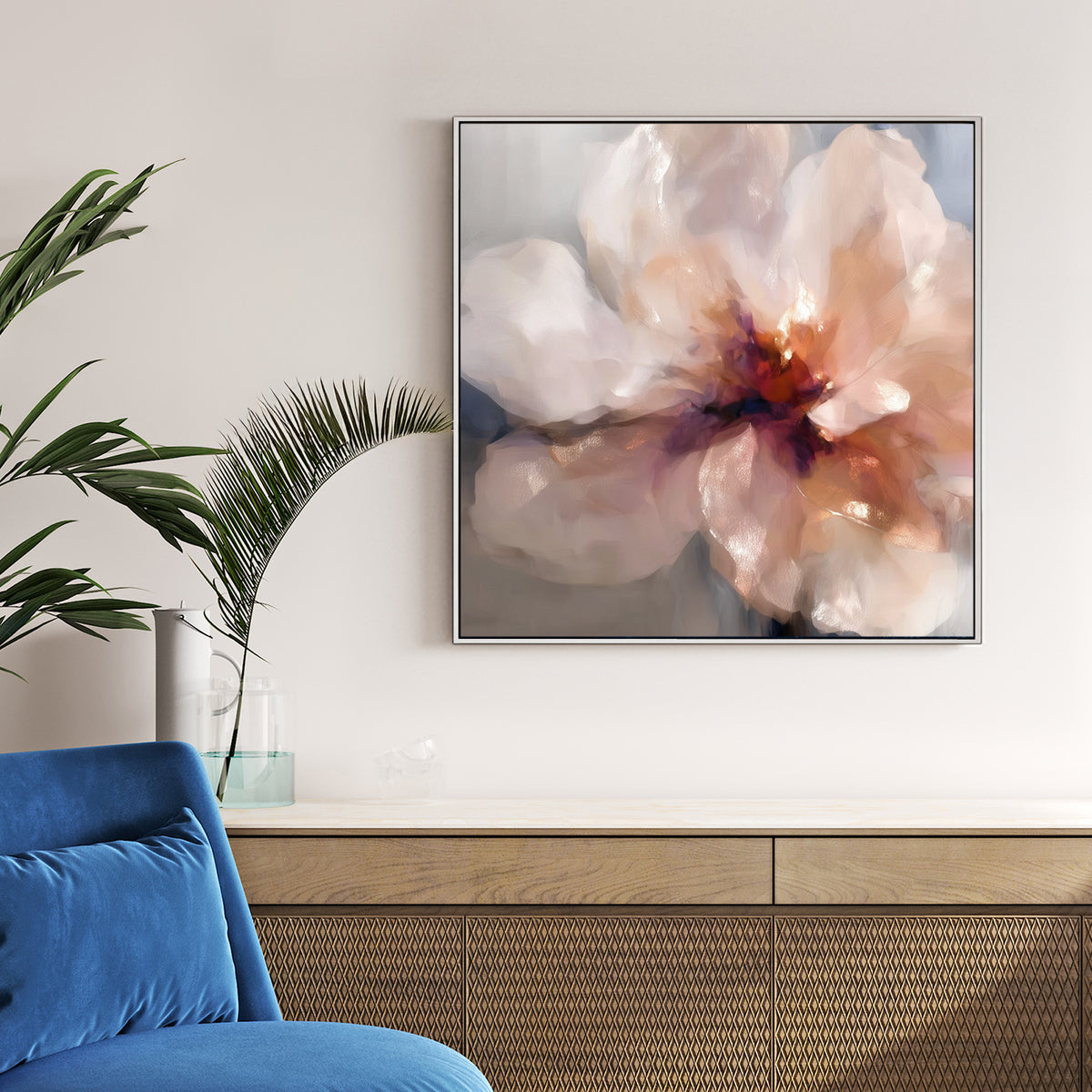 romantic flower wall art with soft blush petals and glowing red centre
