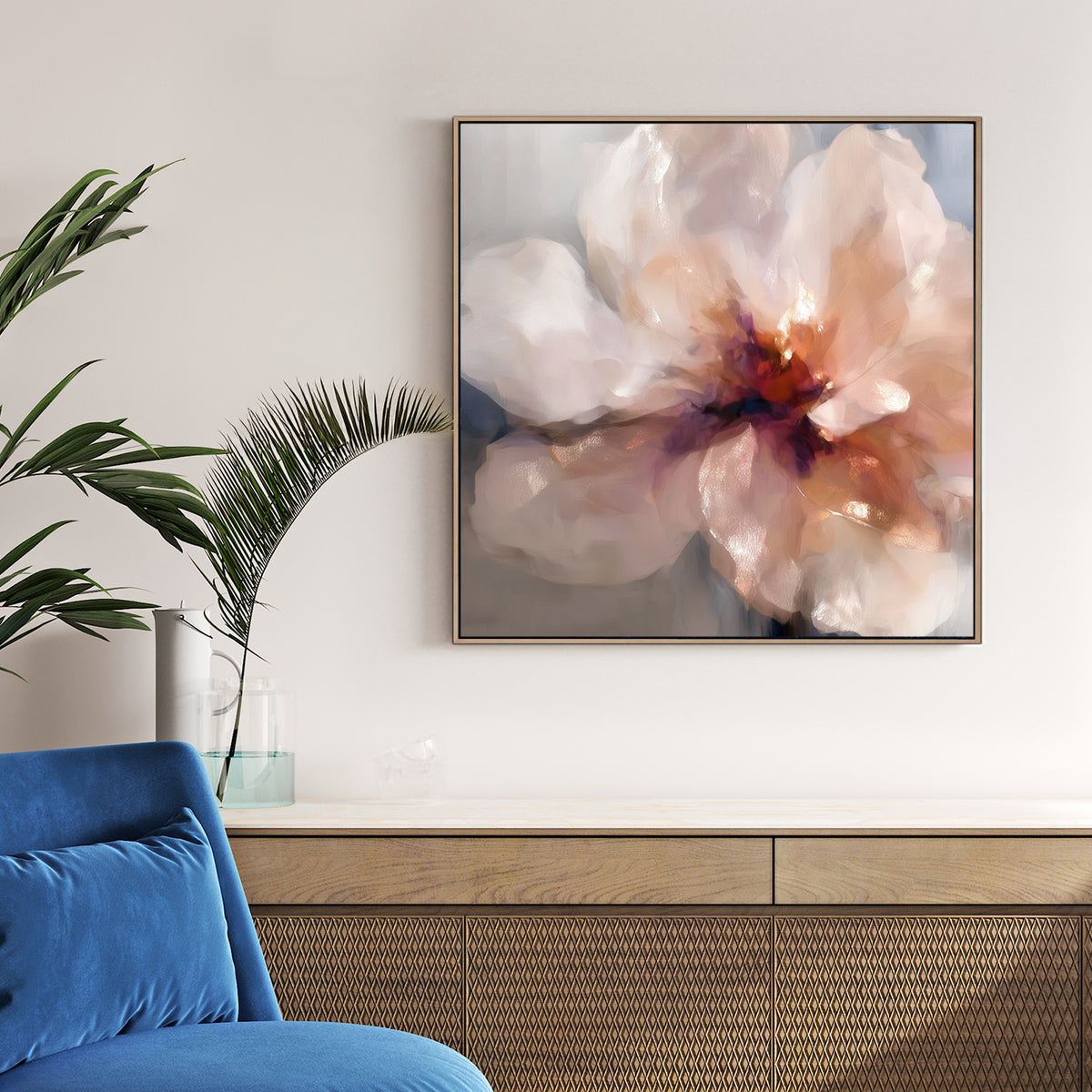 romantic flower wall art with soft blush petals and glowing red centre