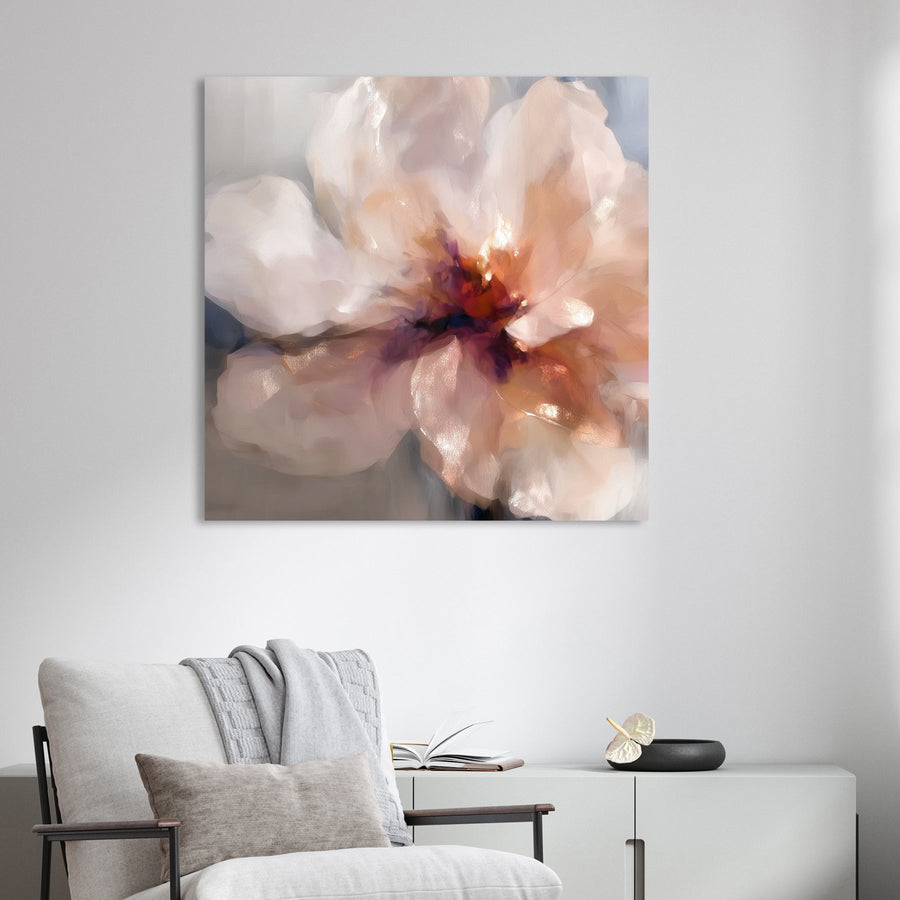 romantic flower wall art with soft blush petals and glowing red centre