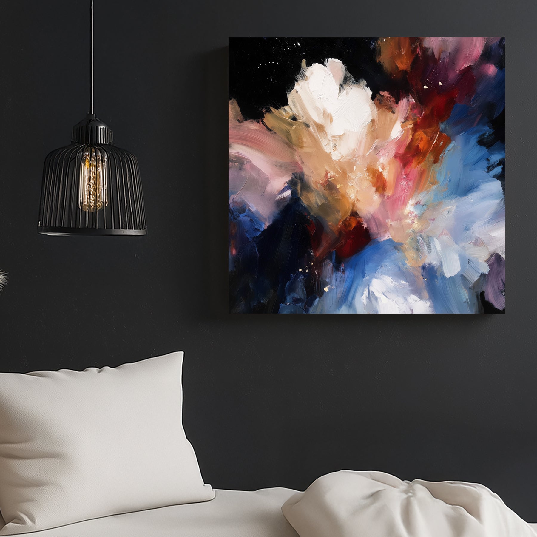 abstract floral galaxy wall art in vivid cosmic colours