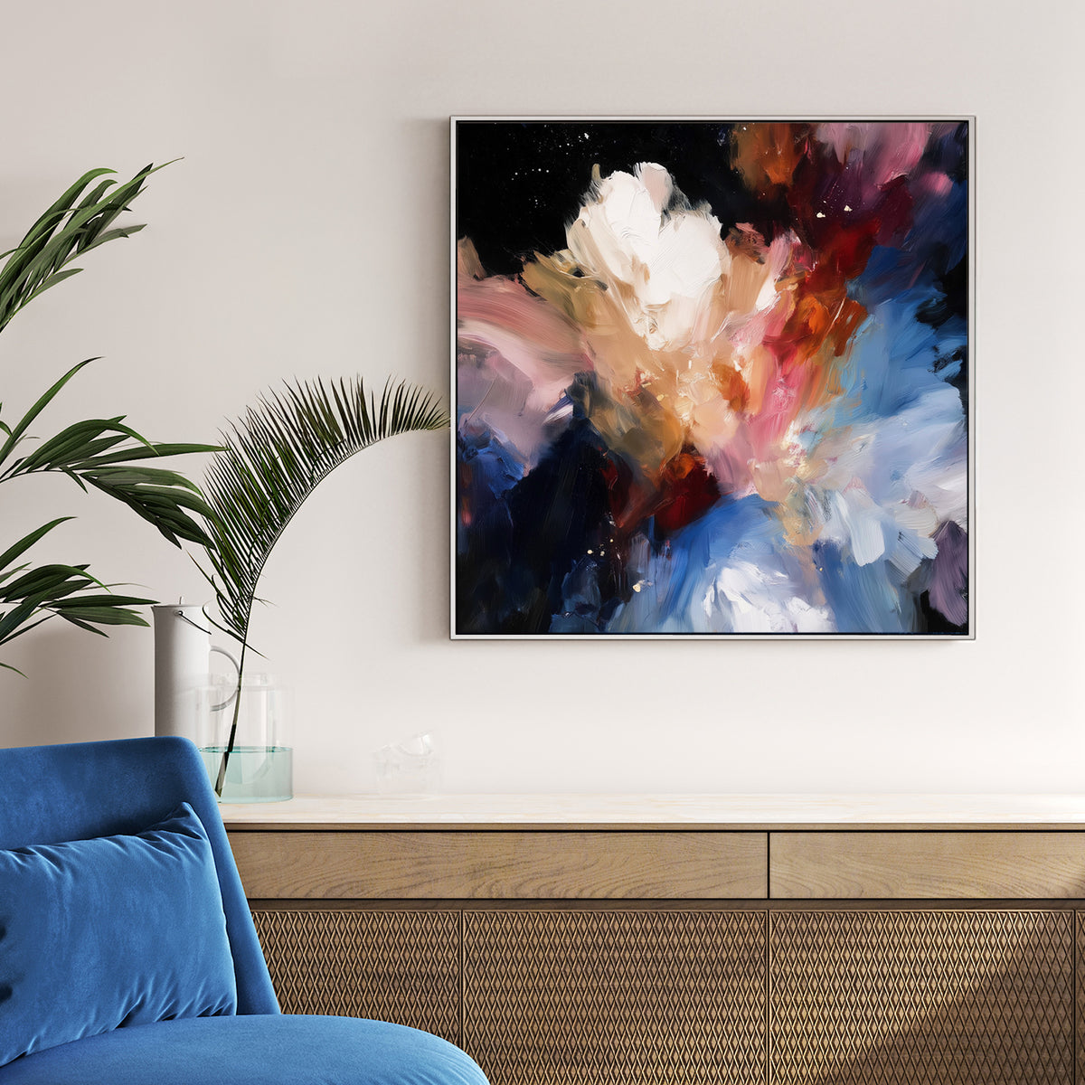 abstract floral galaxy wall art in vivid cosmic colours