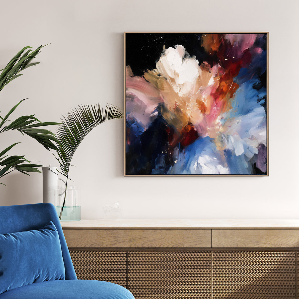 abstract floral galaxy wall art in vivid cosmic colours