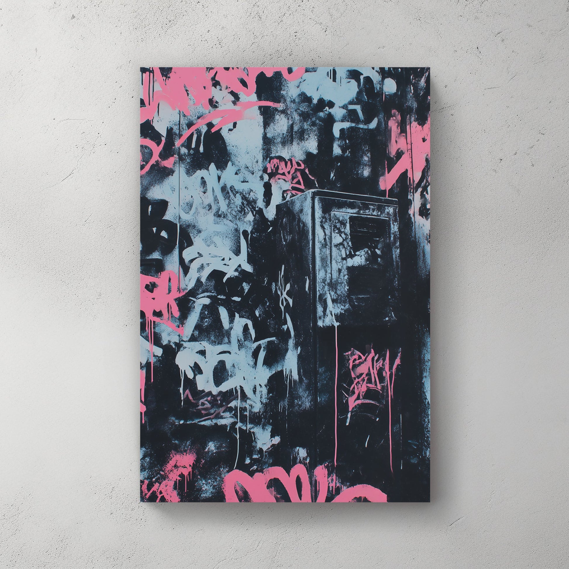 bold graffiti wall art in pink and blue over black urban textures