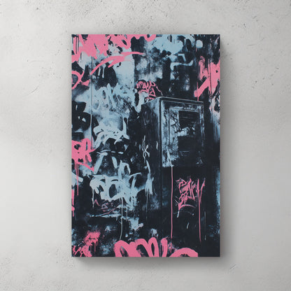 bold graffiti wall art in pink and blue over black urban textures