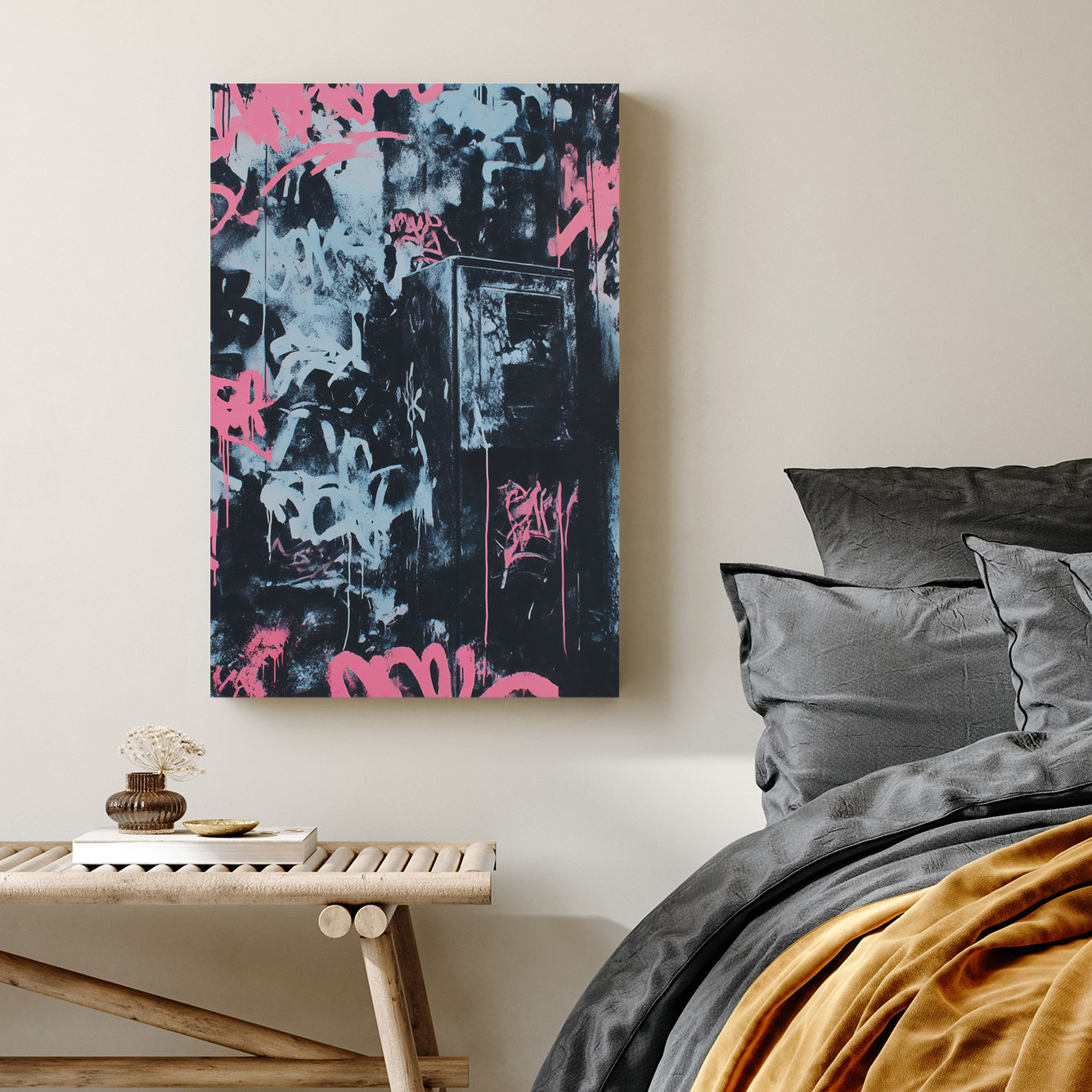 bold graffiti wall art in pink and blue over black urban textures