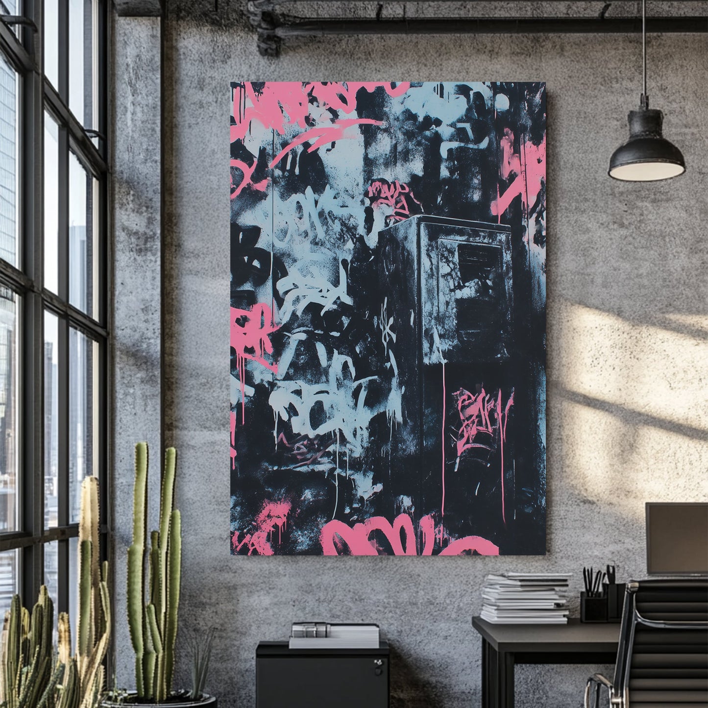 bold graffiti wall art in pink and blue over black urban textures