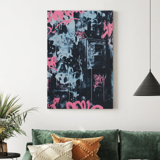 bold graffiti wall art in pink and blue over black urban textures