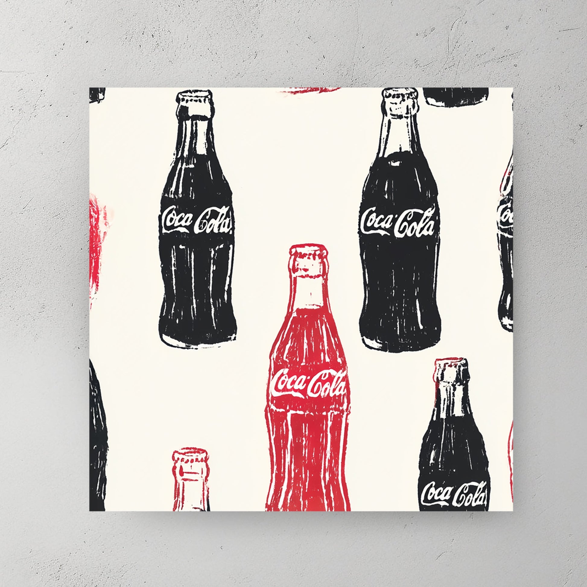 pop art wall art featuring repeated Coca-Cola bottles in red and black