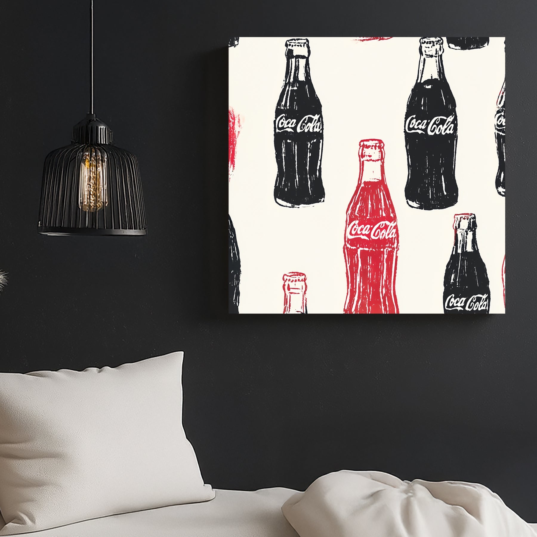 pop art wall art featuring repeated Coca-Cola bottles in red and black